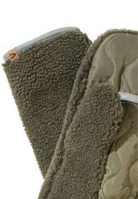 Olivgrüne Handschuhe mit einer strukturierten, flauschigen Außenseite und glattem, gestepptem Stoff auf der Innenseite. Enthält ein kleines Lederakzent-Tag.