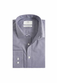 Camicia a maniche lunghe a quadri blu e bianchi, vestibilità regolare, in tessuto non stiro, con colletto button-down e taschino sul petto con bottoni.