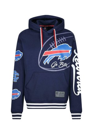 Marineblå hoodie lavet af bomuldsblanding, med et stort bøfalo-grafik, "Go Bills" tekst og stribede manchetter og kant. Foran på denne hoodie er der en lomme.