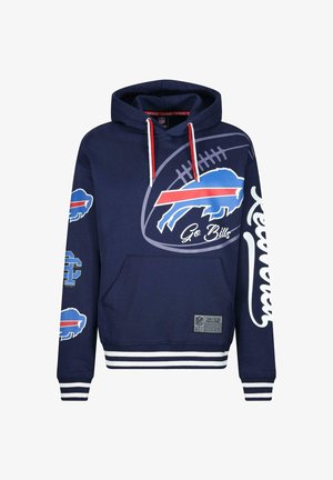 Hoodie bleu marine en mélange de coton, arborant un grand graphisme de bison, le texte "Go Bills" et des poignets et ourlet rayés. Poche avant incluse.