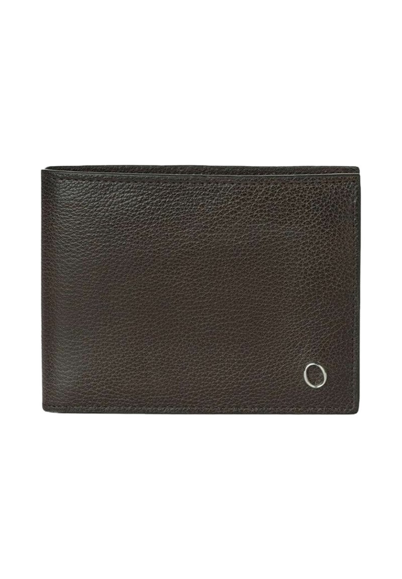 Portafoglio in pelle marrone con texture a rilievo, design rettangolare slim e un piccolo accento argentato nell'angolo inferiore.