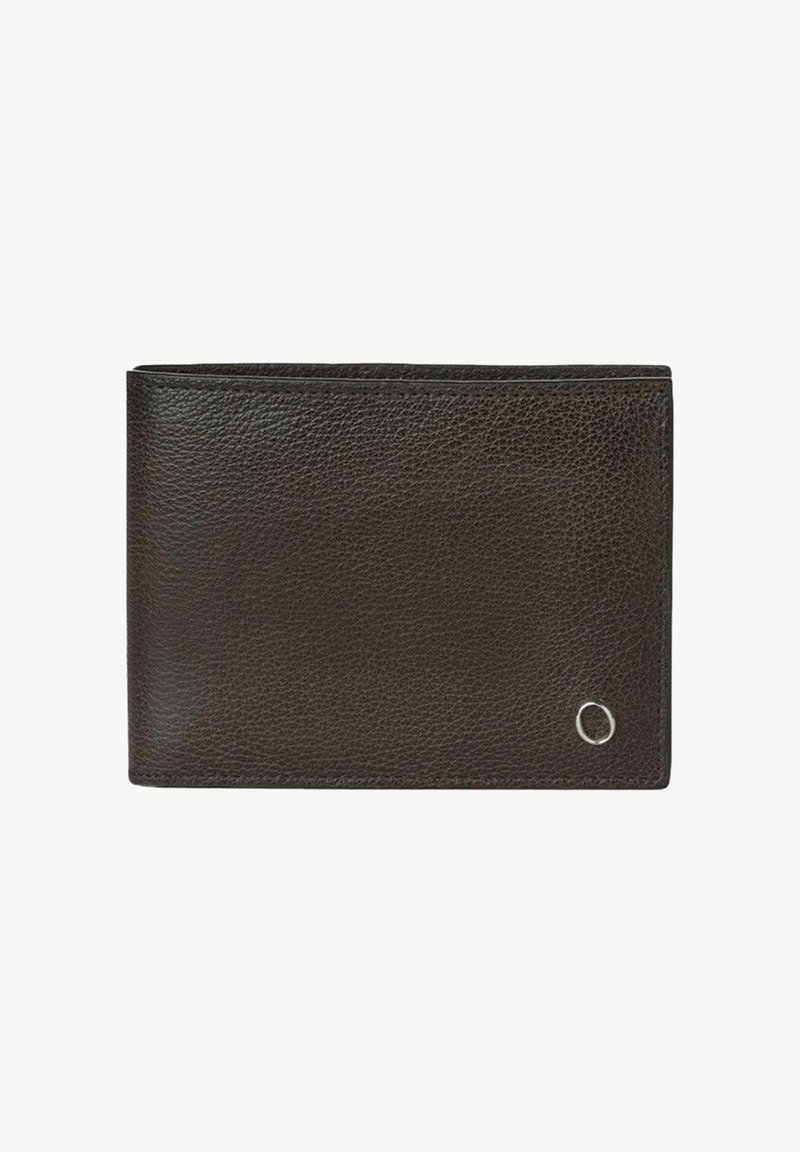 Portafoglio in pelle marrone con texture a rilievo, design rettangolare slim e un piccolo accento argentato nell'angolo inferiore.