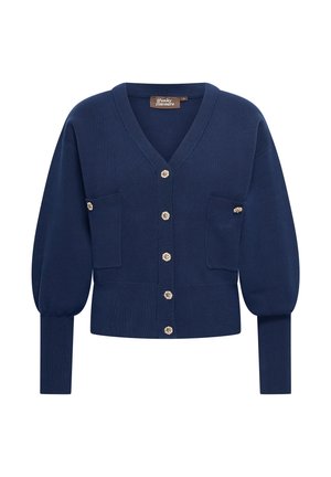 Navyblauwe cardigan met een V-hals, parelachtige knopen en twee voorzakken. Heeft ballonmouwen en een geribbelde textuur aan de zoom.