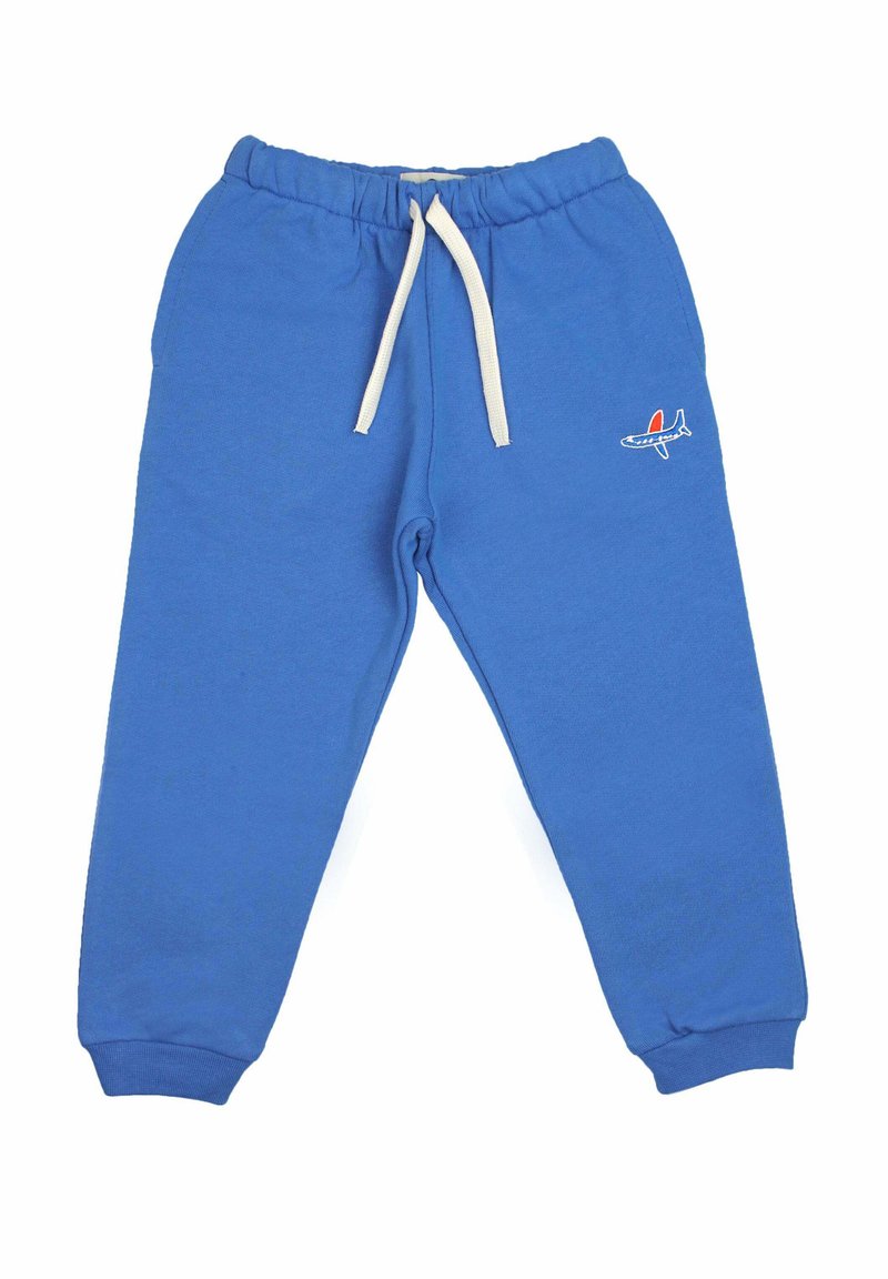 Jogging bleu fabriqué en mélange de coton, doté d'une taille élastique avec cordons blancs et d'un petit logo d'avion sur le côté.
