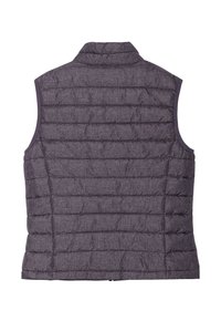 Gilet grigio trapuntato con colletto alto, caratterizzato da cuciture orizzontali e bordo elastico. La vista posteriore mostra un design elegante e affusolato.