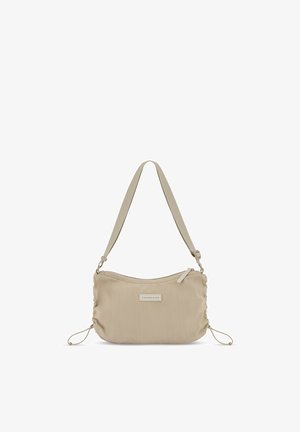 Beige gerippte Schultertasche mit verstellbarem Riemen, Reißverschluss, Seitenschnürungen und kleinem rechteckigem Markenetikett vorne.
