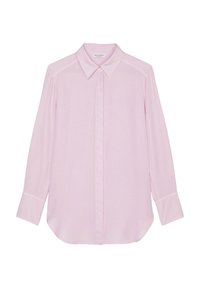 Camicia button-up a maniche lunghe di un delicato rosa, con colletto appuntito, orlo dritto e una leggera texture. Nessun motivo o dettagli aggiuntivi.