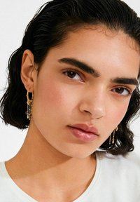 Kuldsetest rõngakujulistest kõrvarõngastest, mille küljes ripuvad kettid ja väikesed dekoratiivsed detailid. Sile tekstuur ja särav viimistlus, kantud neutraalsel taustal.