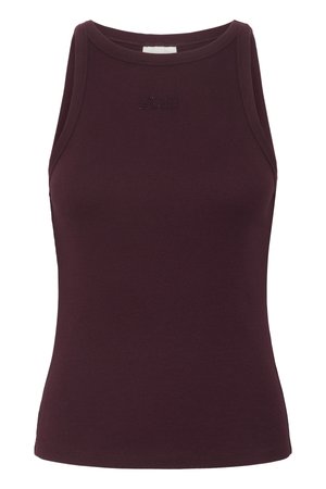 Sleeveless, ribbed knit tank top in deep burgundy with a high neckline and subtle textured logo on the chest.