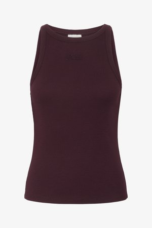 Sleeveless, ribbed knit tank top in deep burgundy with a high neckline and subtle textured logo on the chest.