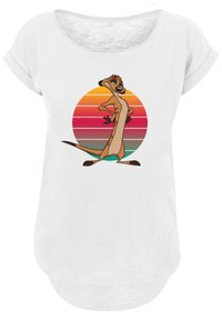 Hvit t-skjorte med korte ermer som har en tegneseriefigur foran en fargerik gradient sirkel med oransje, rosa og teal striper.