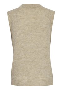 Veston sans manches en tricot beige avec ourlet côtelé et encolure ronde, vu de dos.