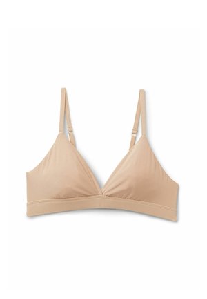 Lichtbeige driehoek beha met verstelbare bandjes, zachte stof en een brede onderband. Heeft een naadloos ontwerp en minimale hardware.