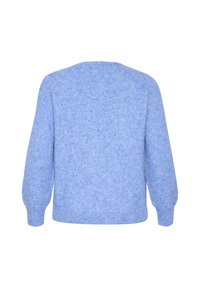 Pull tricoté bleu clair avec manches longues et volumineuses, ourlet côtelé et texture douce, présentant un design simple et confortable.