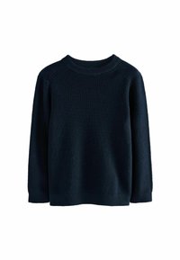 Mörkblå stickad tröja med långa ärmar, rund halsringning och ribbade ärmslut. Mjuk, texturerad tyg med en avslappnad passform.