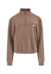 Brun pullover sweatshirt med høj krave, halv lynlås foran, ribbede manchetter og en lille lynlåslomme med en trekantet detalje.