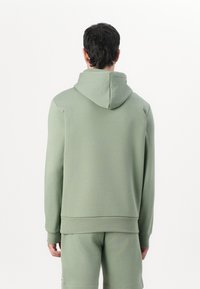 Hoodie van zacht, lichtgroen materiaal met een relaxte pasvorm, lange mouwen en ribgebreide boorden en onderkant. Gladde textuur, minimalistisch ontwerp.