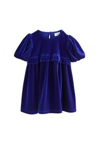 Fluwelen jurk in diepblauw met een ronde hals, korte pofmouwen en een gerimpelde tailleband, met een knoopsluiting op de rug.