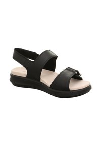 Schwarze Ledersandalen mit zwei verstellbaren Riemen, einer gepolsterten beigen Innensohle und einer niedrigen schwarzen Gummisohle für Unterstützung und Komfort.