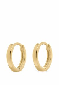 Guld-hoopörhängen med en slät, polerad yta och ett inre texturerat detaljer. Rund, lätt avsmalnande form; säker låsdesign.