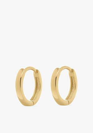 Guldøreringe i hoops med en glat, poleret overflade og en indvendig struktureret detalje. Rund, let afsmalnet form; sikker låseudførelse.