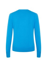 Maglione blu lavorato a maglia con maniche lunghe, collo rotondo e una texture liscia. Design minimalista senza hardware visibile o motivi.