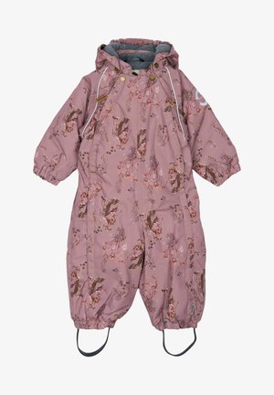 Tuta da neve per bambini rosa con motivi floreali, polsini elasticizzati, cappuccio e cinture regolabili alla caviglia. Realizzata in un materiale resistente all'acqua.