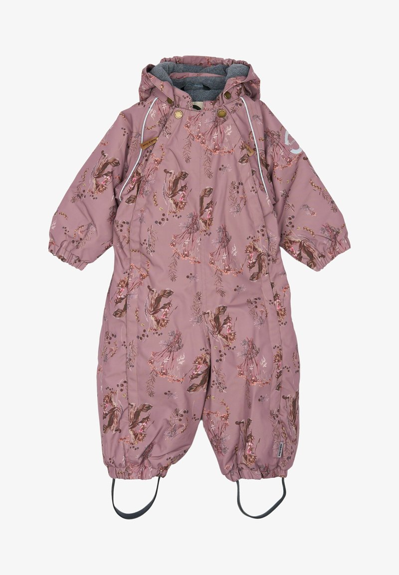 Różowy dziecięcy kombinezon zimowy z kwiatowymi wzorami, elastycznymi mankietami, kapturem i regulowanymi paskami przy kostkach. Wykonany z materiału odpornego na wodę.