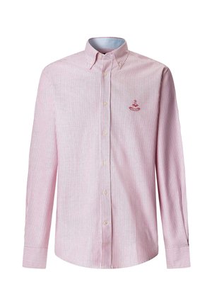Herrenhemd mit dünnen, vertikalen Streifen in Pink und Weiß, mit langen Ärmeln, Knopfleiste und einem roten, auf der linken Brust eingestickten Logo.