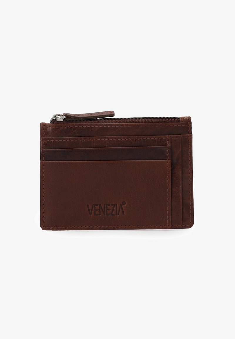 Bruine leren portemonnee met een ritssluiting aan de bovenkant. Voorzien van meerdere kaartsleuven en het geperste logo "VENEZIA". Heeft een gladde textuur en een slank ontwerp.