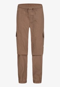 Light brown convertible cargo pants with elastic waistband, drawstring, side flap pockets, and zip-off lower legs to convert into shorts.