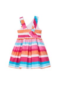 Vestido a rayas colorido con tirantes anchos, que presenta rayas horizontales en rosa, naranja, blanco y azul. Detalle de nudo en la cintura. Material de algodón.