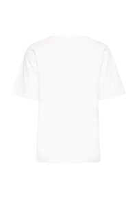 Egyszerű, fehér rövid ujjú póló, hátulja látható, laposan elhelyezve, kerek nyakkivágással, látható minták vagy logók nélkül.