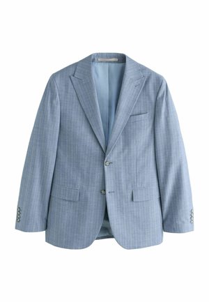 Hands adjusting cuff of light blue pinstripe suit jacket with four grey buttons and a matching front button.