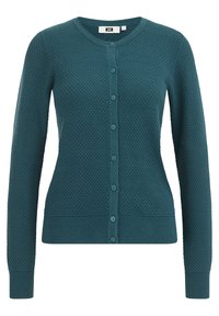 Teal knit cardigan with a textured pattern, round neckline, and button-front closure. Long sleeves and ribbed cuffs and hem.