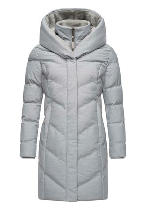 Light gray puffer coat with a large hood, diagonal quilted pattern, and concealed zip closure. Soft inner lining and side pockets.