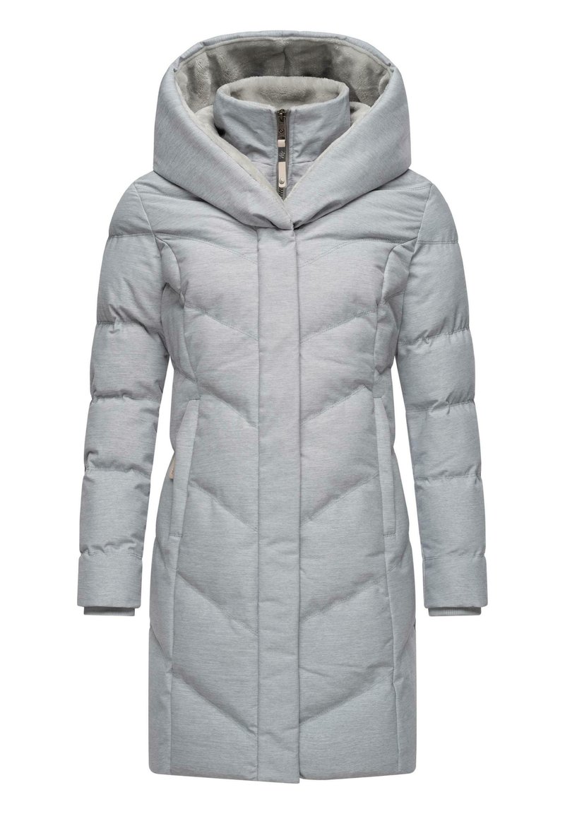 Gai pelēks puffers ar lielu kapuci, diagonālu quilted rakstu un slēptu rāvējslēdzēju. Mīksta iekšējā oderē un sānu kabatām.