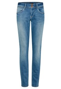 Jeans ajustados en denim azul claro, con una cintura de altura media, bolsillos delanteros y un cierre de dos botones. La tela tiene una textura suave y un ligero desgaste.