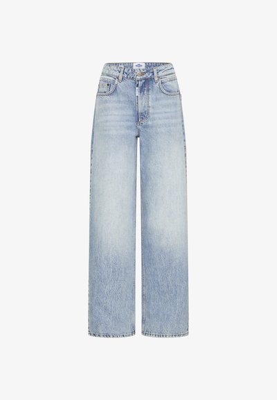 Light blue denim wide-leg jeans with a high waist, five pockets, and a fading pattern. Features a zip fly and button closure.