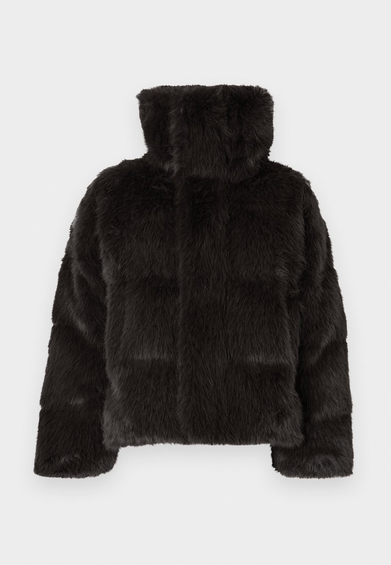 Black faux fur jacket featuring a high collar, puffy design, and textured surface with defined paneling. No visible fastenings.