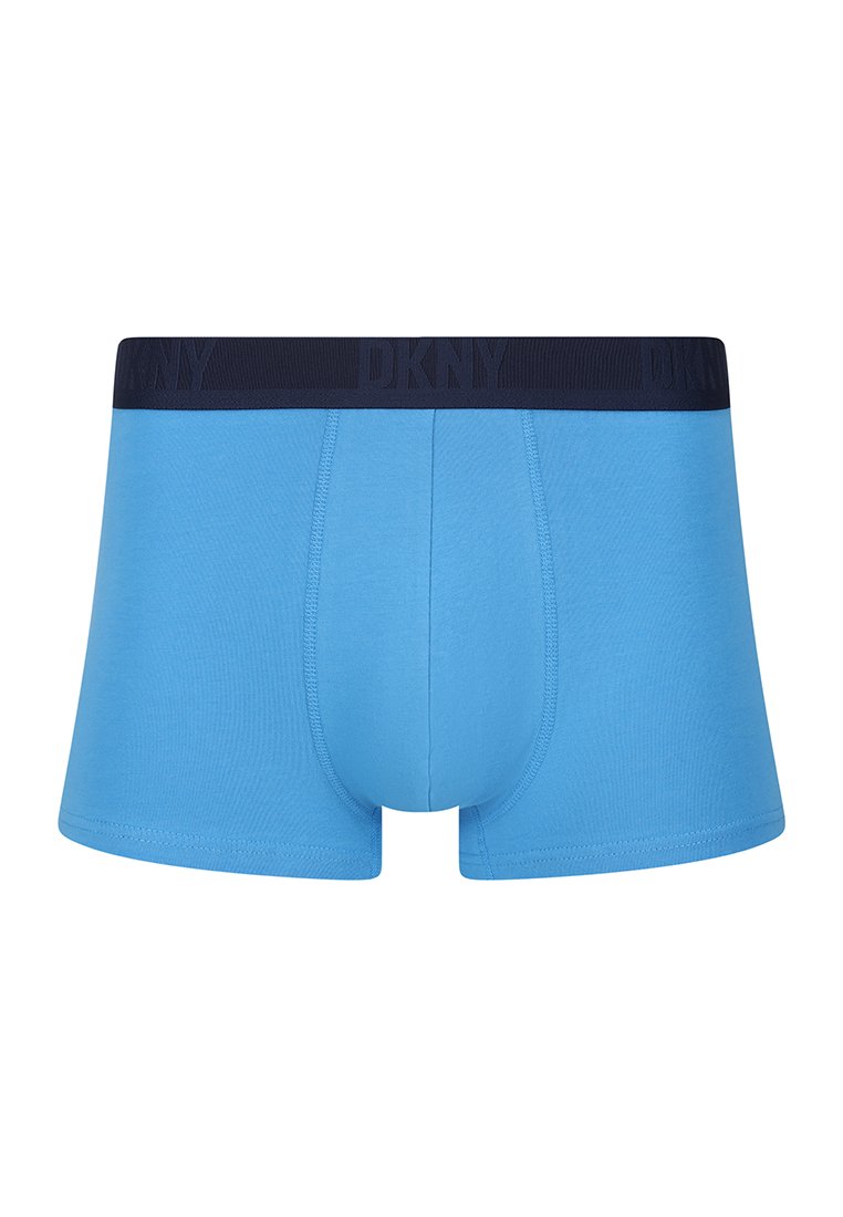 Niebieskie bokserki DKNY o jednolitym kolorze, wykonane z gładkiego materiału. Posiadają granatowy elastyczny pas z logo DKNY.