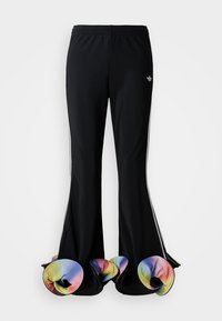 Black athletic pants with a wide flared design. Features colorful, ruffled lower hems and white side stripes. Made of stretch fabric.