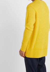Personne portant un pull jaune à manches longues associé à un pantalon bleu marine foncé, vue de dos sur un fond clair uni.