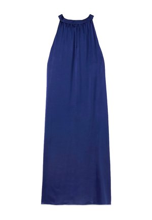 Vestido maxi sin mangas color azul marino con escote fruncido y detalle de lazo en el frente, confeccionado con tela suave y ligera.