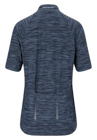 Kortärmad, mörkblå sporttröja med en texturerad, randig mönstring. Har en rund halsringning och reflekterande detaljer vid fållen.