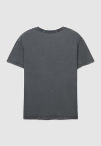 Dark gray cotton T-shirt with a crew neck, short sleeves, and a straight cut. The fabric has a subtle texture and unfinished hem.