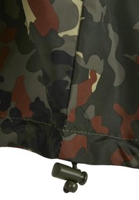Drawstring with olive green toggle on the hem of fabric featuring dark green, brown, black, and beige camouflage pattern.