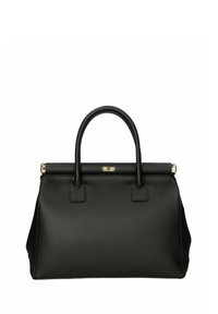 Bolso de cuero negro con asas superiores dobles, herrajes en tono dorado, forma estructurada y superficie texturizada. Presenta un cierre de broche.