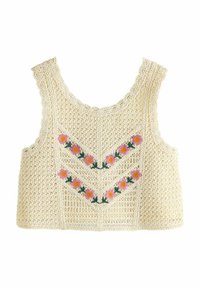 Débardeur en crochet beige avec un col festonné. Il présente une broderie florale en rose et vert, ainsi qu'un motif en chevrons à l'avant.