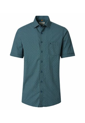 Men's short-sleeve button-up shirt with a dark blue base and small white geometric pattern.
